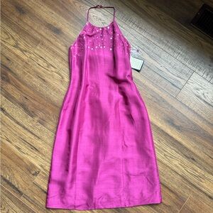 Ann Taylor Fuchsia Halter Midi Dress with Bead Detail